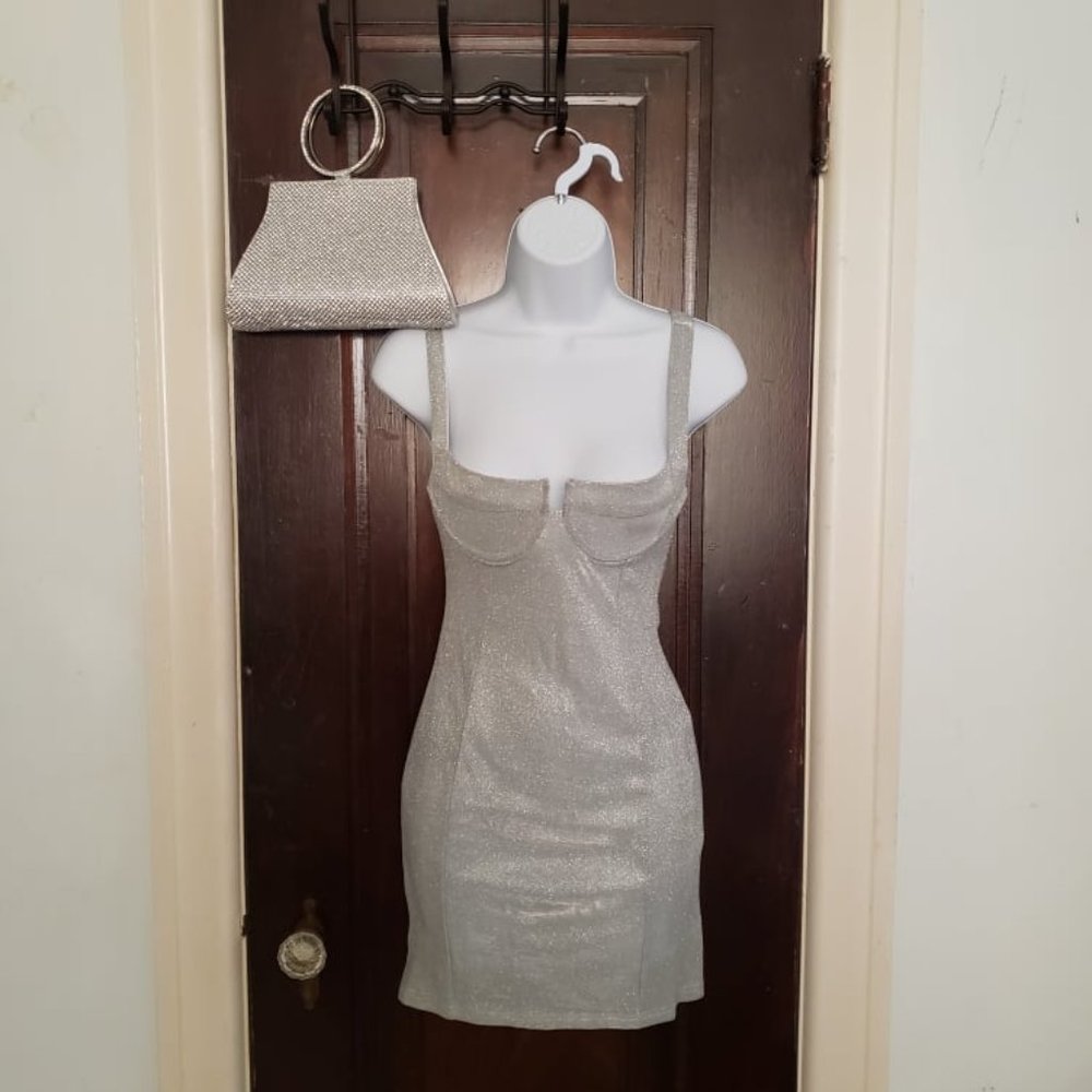 Underwire Silver Glitter Mini Party Dress Size 4 with Rhinestone Clutch Bag